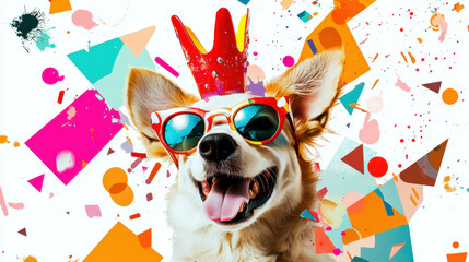Naklejka premium Playful Dog in Sunglasses and Crown, Colorful Abstract Background
