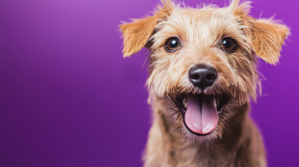  Happy Terrier Dog with Tongue Out, Purple Studio Background