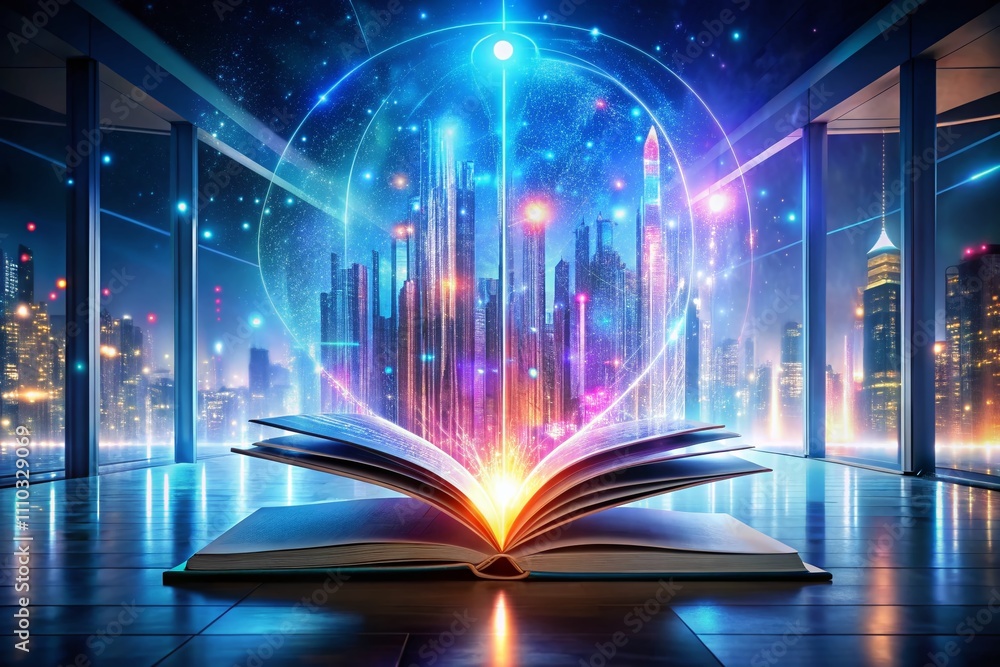 Aufkleber futuristic holographic book with radiant text in a contemporary setting symbolizing digital knowledg