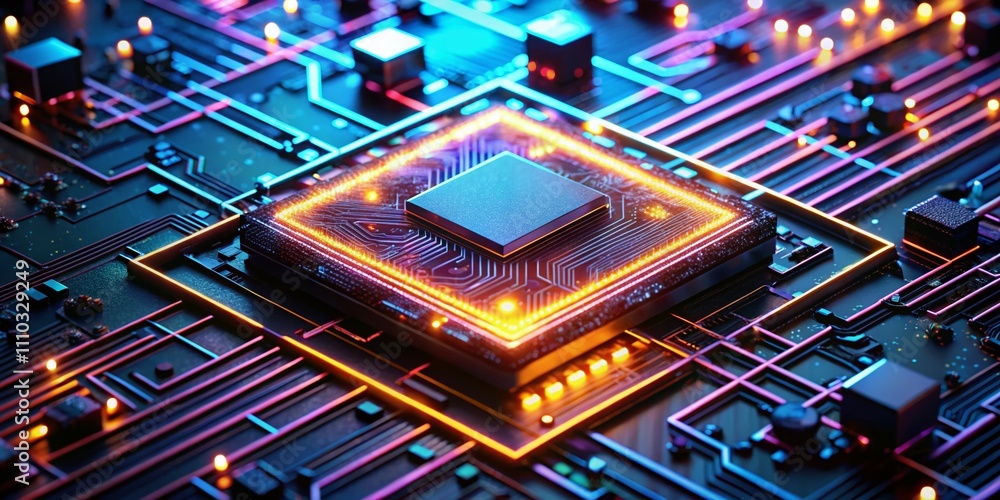 Aufkleber futuristic microchip on an advanced circuit board with neon glow, showcasing cutting-edge technology