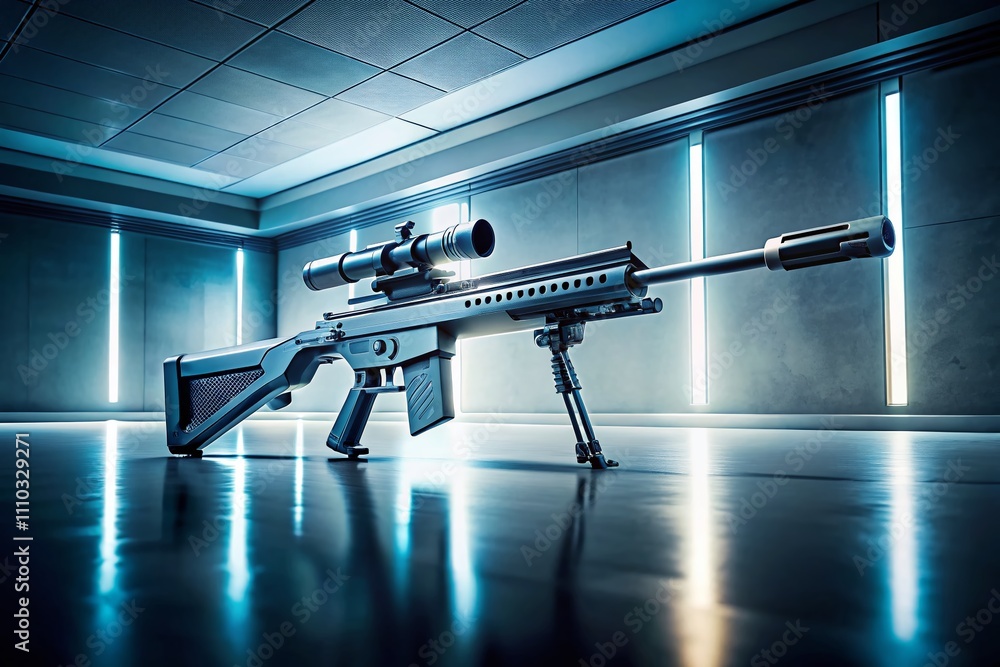 Poster futuristic minimalist sci-fi rifle design in a clean, simple setting with soft lighting and subtle s