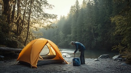 Solo Camper Sets Up Tent Beside River In Forest