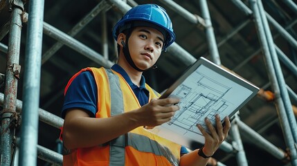 A young construction worker reviewing blueprints on a job site.