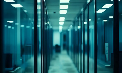 Fototapeta premium Abstract teal toned image of a modern office hallway with glass partitions, showcasing architectural design and a calm atmosphere.
