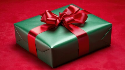 Fototapeta premium A Beautifully Wrapped Green Gift Box with a Red Ribbon Bow on Red Background Festive Holiday Present