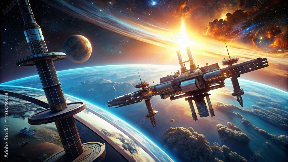 Poster futuristic space station in orbit surrounding earth, merging sci-fi aesthetics with advanced space e