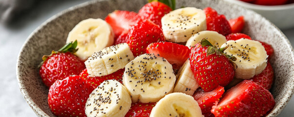 Fototapeta premium Fresh strawberries and bananas in bowl, topped with chia seeds, create vibrant and healthy snack. This colorful mix is perfect for breakfast or refreshing dessert