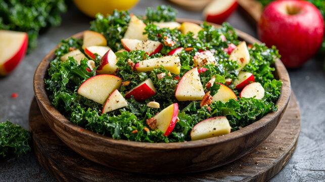 Fresh kale and apple salad with lemon dressing, featuring vibrant red apples and crunchy nuts, perfect for healthy meal - Powered by Adobe