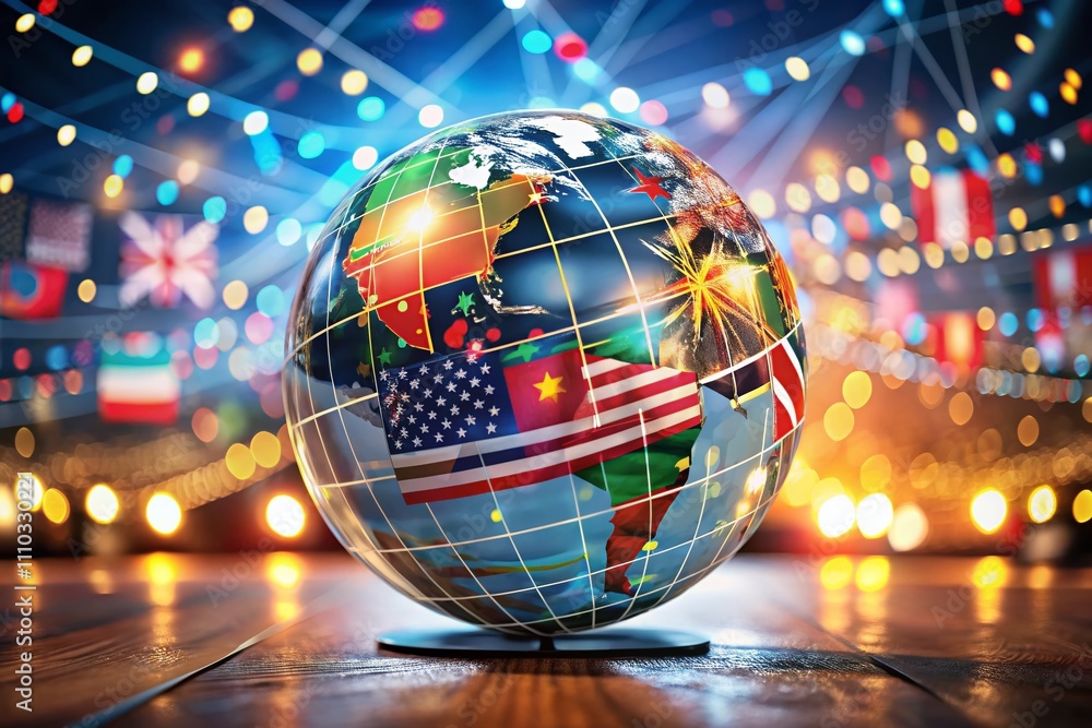 Poster global business collaboration with flags surrounding earth in a bokeh effect - symbolizing internati