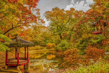 A waterside pavilion located in the secret garden of Changdeokgung Palace during autumn foliage...