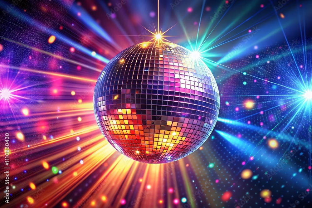 Poster glossy disco ball spinning in a bright starry background - 3d animation loop for stunning visual eff