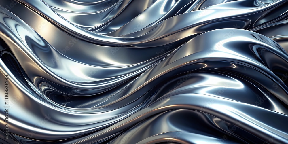 Poster glossy silver chrome fluid effect background with left-positioned main subject and ample copy space 