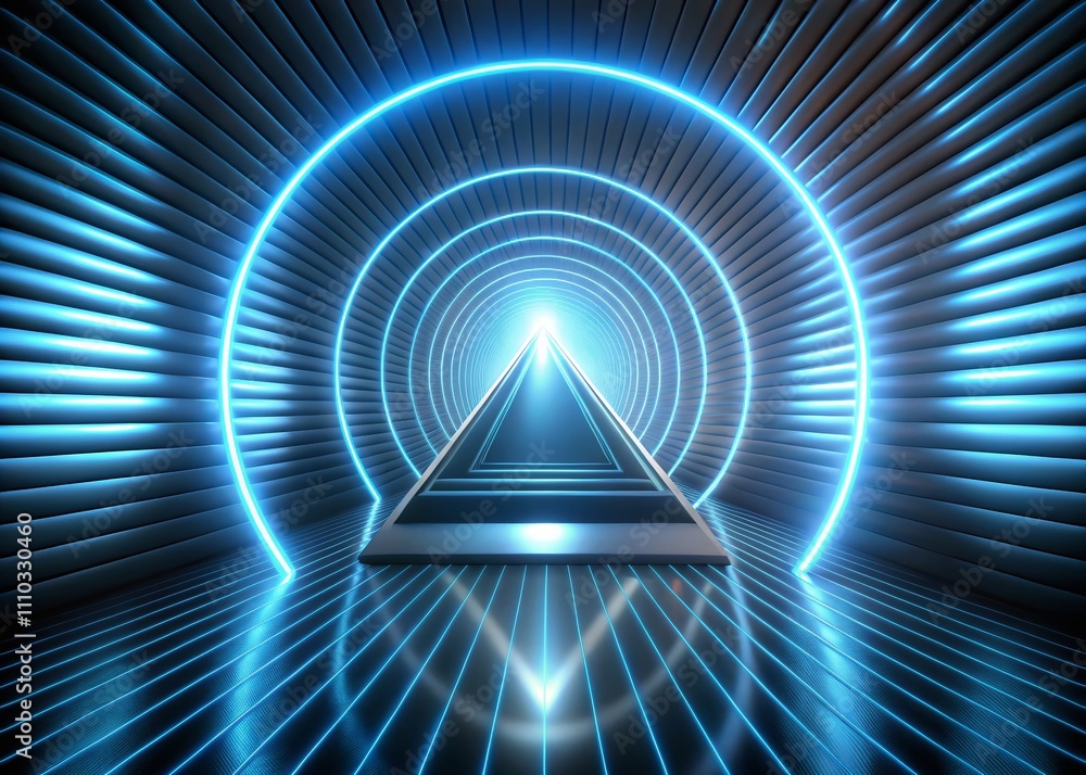 Poster glowing circular lines surrounding a grey half circle with a blue pyramid at its center, framed by a