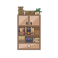 Stylish wooden office bookshelf with organized files, books, and office supplies