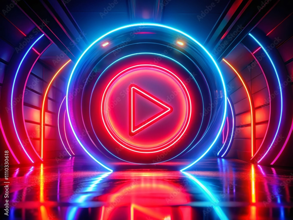 Aufkleber glowing red neon play button in a dynamic gaming background with vibrant neon circle design for enga
