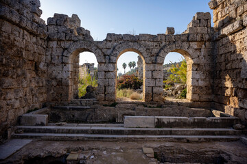 Rows of columns in Perge, Antalya, Turkey. Remains of colonnaded street in Pamphylian ancient...