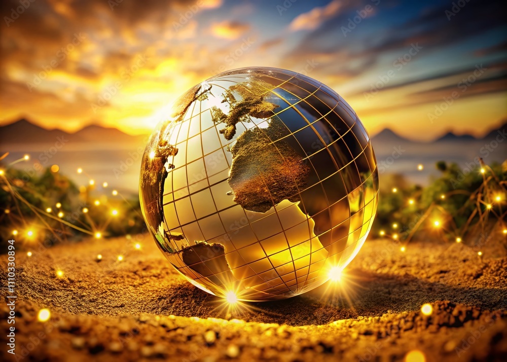 Poster golden stylized 3d spherical surface with swoosh shape representing global connectivity for technolo