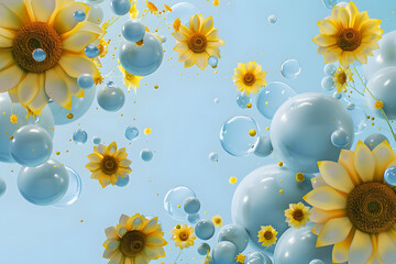 vibrant 3d render of abstract spheres and delicate yellow sunflowers on a sky blue background. generative ai