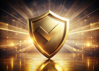 Fototapeta premium Golden Shield with White Check Mark - 3D Banner for Assurance and Trust with Copy Space, Ideal for Promotional Materials and Business Presentations