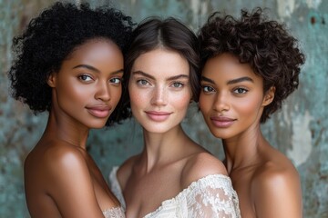Obraz premium Three diverse women share a close-up portrait, showcasing natural beauty and unique features against a textured background, Ideal for beauty, fashion, and diversity campaigns,