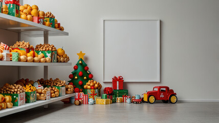 Festive Christmas background with blank white mockup of promotional banner with gifts for promotions, sales, Christmas donations, invitations, or any holiday clearance sale