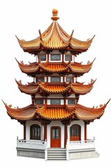 Ornate tiered pagoda, red and white, isolated.