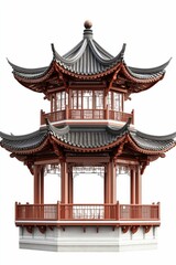 Two-story red pagoda, curved roof, balconies.