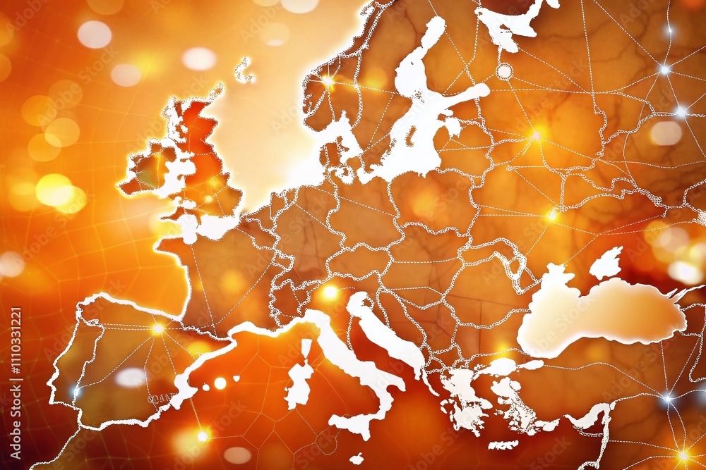 Poster graphic design asset map of western europe featuring white outlines and roads on vibrant orange back