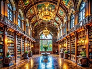 Obraz premium Grand Library Interior with Tall Bookshelves, Elegant Lighting, and Majestic Windows for Intellectual Pursuits and Study Environments, Perfect for Book Lovers and Scholars