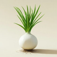 Fresh white onion with green sprouts.