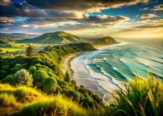 Obraz premium Bokeh Effect Coastal Landscape of Gisborne, New Zealand: Impact of Global Warming and Rising Sea Levels on Nature's Beauty and Ecology