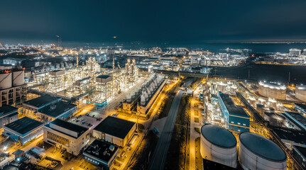 Petrochemical plant industrial buildings in large industrial area by the sea in China