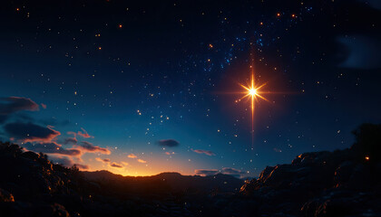 A serene night sky illuminated by a bright star over a tranquil landscape at dusk.