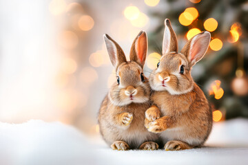 Obraz premium Two happy bunnies sitting next to a decorated Christmas tree in a beautiful winter forest, an idea for a poster or a postcard