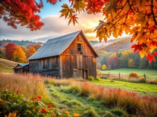 Obraz premium Captivating Macro Photography of a Rustic Barn Surrounded by Vibrant Autumn Foliage in Rural Vermont