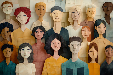 Inclusive group of people illustration.  Paper craft style art, layered paper textures. Multi-ethnic community, big cultural diversity group background in modern collage