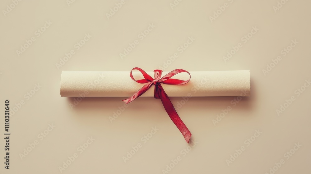 Poster elegant scroll wrapped with red ribbon on neutral background