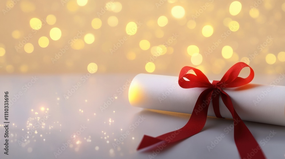 Aufkleber elegant scroll with red ribbon on bright background of bokeh lights