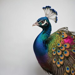 Obraz premium A peacock with rainbow-colored feathers in an artistic interpretation on a white backdrop.