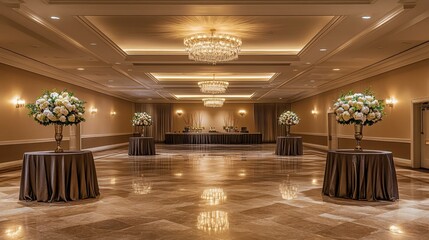 Elegant banquet hall with floral arrangements, suitable for events or gatherings.