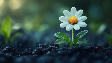 A single white flower with a yellow center stands in dark soil