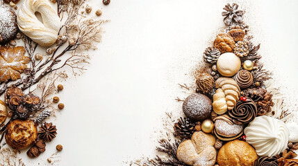 Christmas festival season food flat lay banner with different bakery items in white background with blank copy space 