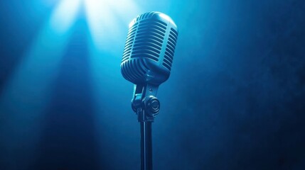 Vintage Microphone Under Dramatic Blue Lighting in Dark Atmosphere