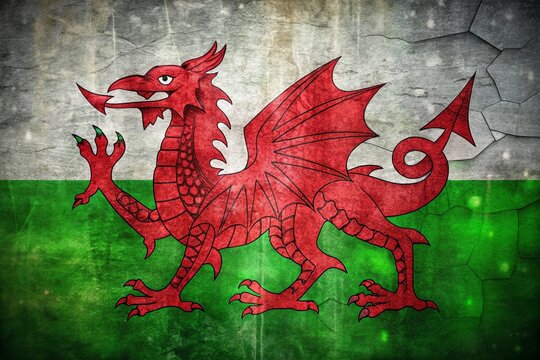 Grunge Brush Stroke Welsh Dragon Drawing Pictogram for St. David's Day Celebration with Tilt-Shift Photography Effects and Traditional Patterns in Bold Colors