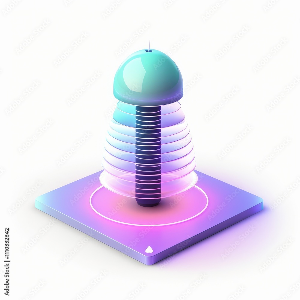 Poster futuristic 3d rendering of a glowing, layered object on a platform.