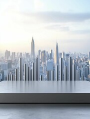 Obraz premium Sleek modern display for Economic risk exposure planning in gray metal Podium, front view focus, with city skyline backdrop for financial context.