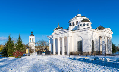 St. Sophia (Ascension) Cathedral and bell tower, snow lies in late autumn. Former temple of the...