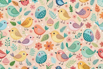 Hand Drawn Cute Little Birds in Pastel Background for Kids Room Decor and Nursery Art, Perfect for Fashion, Gift Wrapping, Textile Print, Wallpaper, and Cards