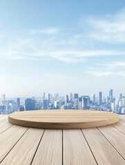 Obraz premium Chic economic risk forecasting framework presentation showcasing wooden podium, front view emphasis, set against an elegant cityscape backdrop.