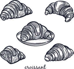  Croissant bakery engraved vintage vector illustration.